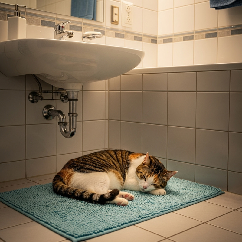 Colorful Cat Sleeping in Bathroom | Peaceful Repose Scene Colorful Cat Sleeping in Bathroom | Peaceful Repose Scene