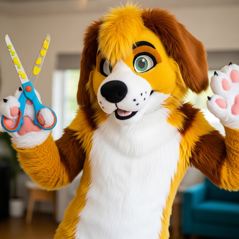 Fursuit Dog with Scissors: Playful Canine Craft