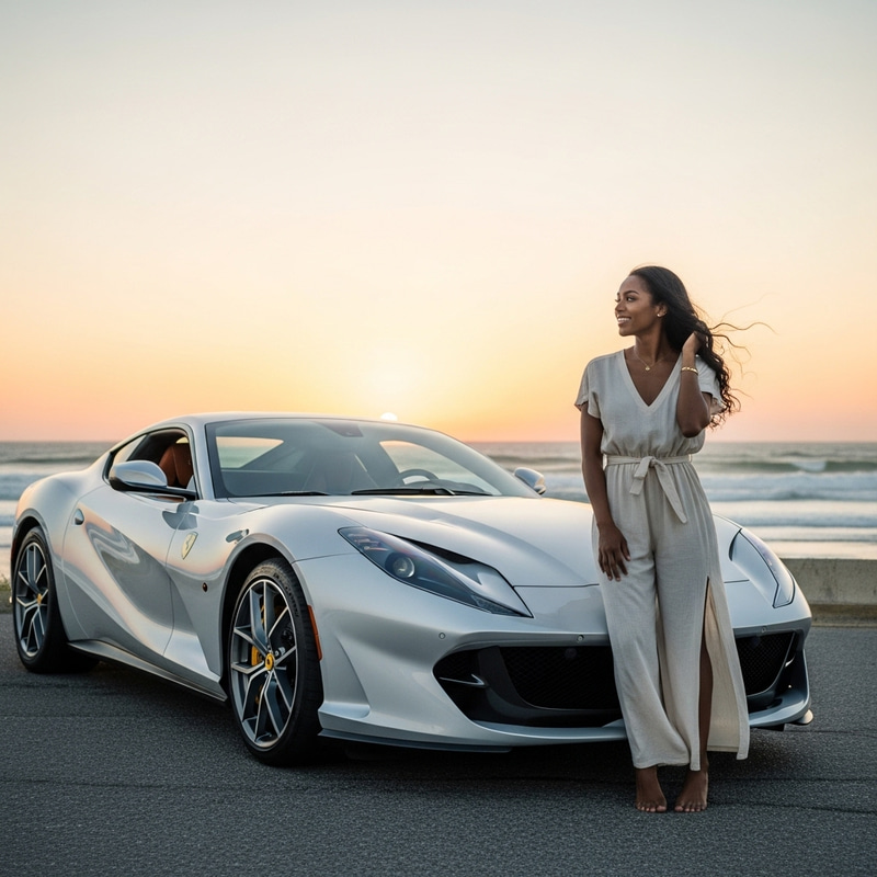 Stunning Woman with Ferrari 812 Enjoying Beach Sunset