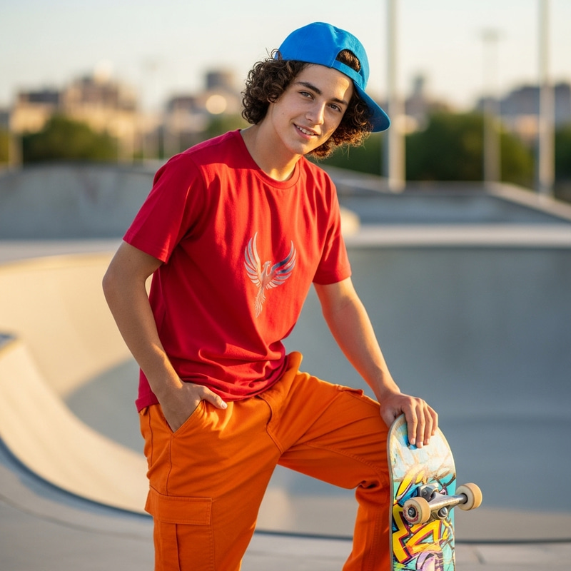 White Teenager with Curly Hair in Blue Cap and Orange Pants White Teenager with Curly Hair in Blue Cap and Orange Pants
