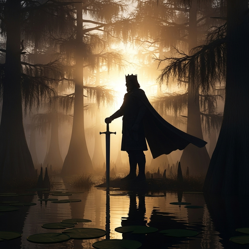 Medieval King Silhouette at Dawn in Swamp - Mystical Royalty in Misty Moor Medieval King Silhouette at Dawn in Swamp - Mystical Royalty in Misty Moor