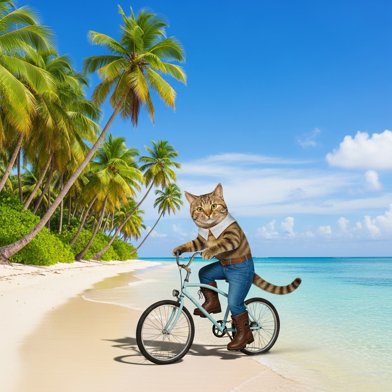 Fanciful Cat in Boots Riding Bicycle on Paradise Island Shore Fanciful Cat in Boots Riding Bicycle on Paradise Island Shore