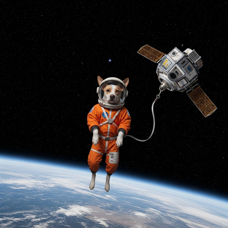 Adorable Dog in Orange Astronaut Suit Floating in Space