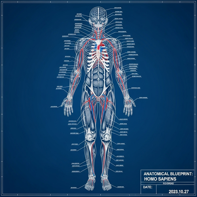 Detailed Human Anatomy Blueprint in Blue Color Scheme