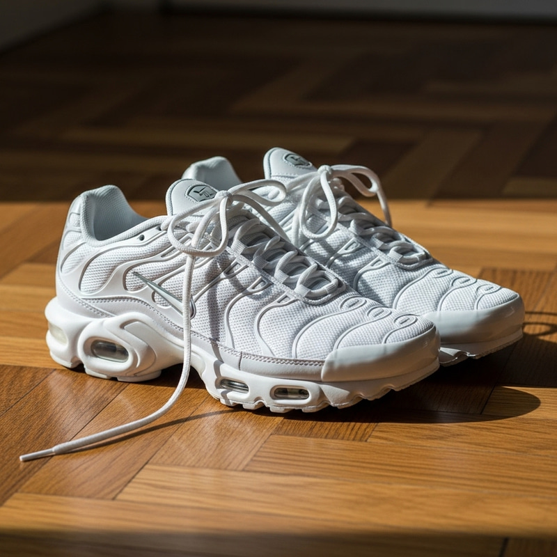 White Nike TN Sneakers on Parquet | Close-Up View White Nike TN Sneakers on Parquet | Close-Up View