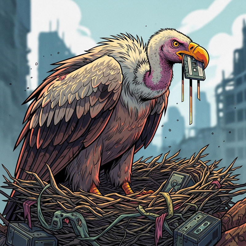 Vibrant Digital Illustration of Vulture Devouring Cassette Tape