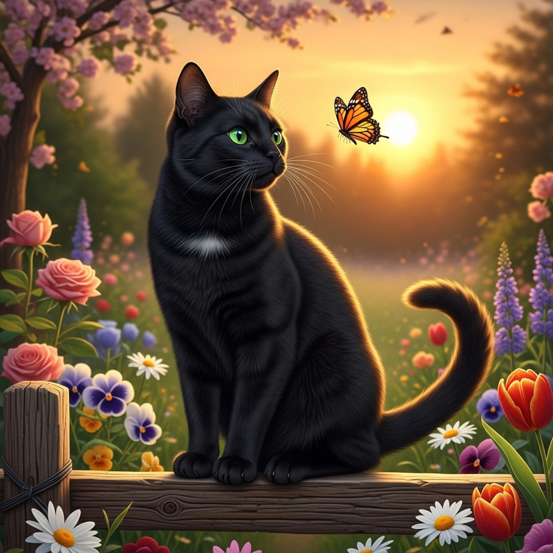 Enchanting Black Cat in Flower Garden at Sunset Enchanting Black Cat in Flower Garden at Sunset