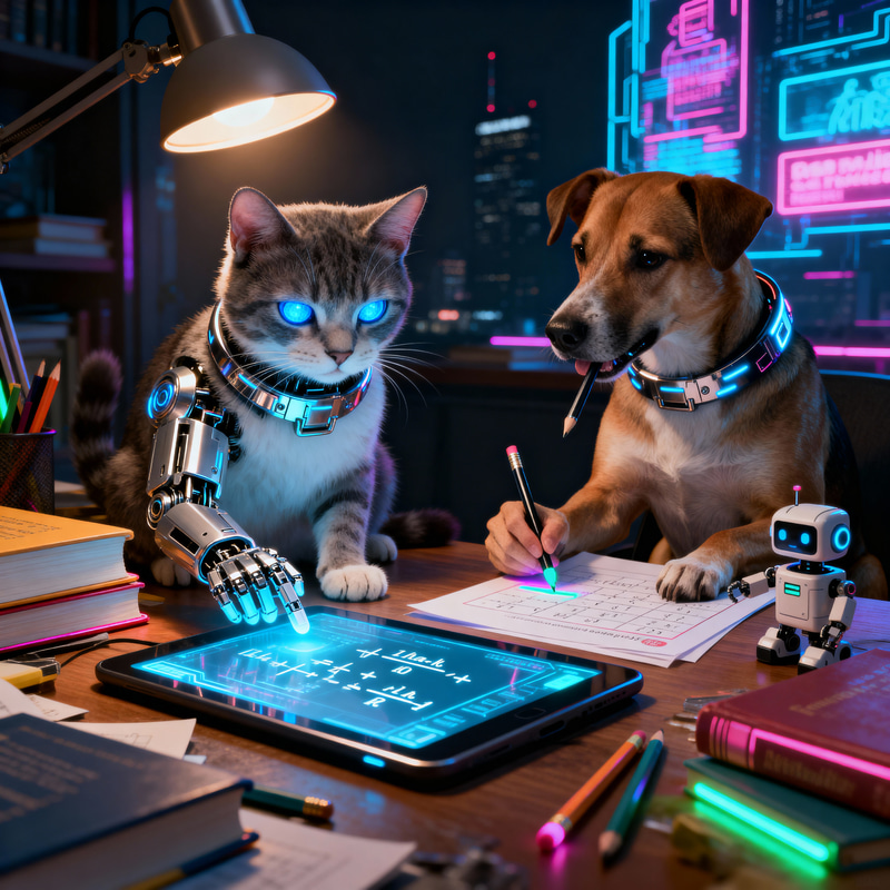 Cyberpunk Cat and Dog Doing Homework Together Cyberpunk Cat and Dog Doing Homework Together