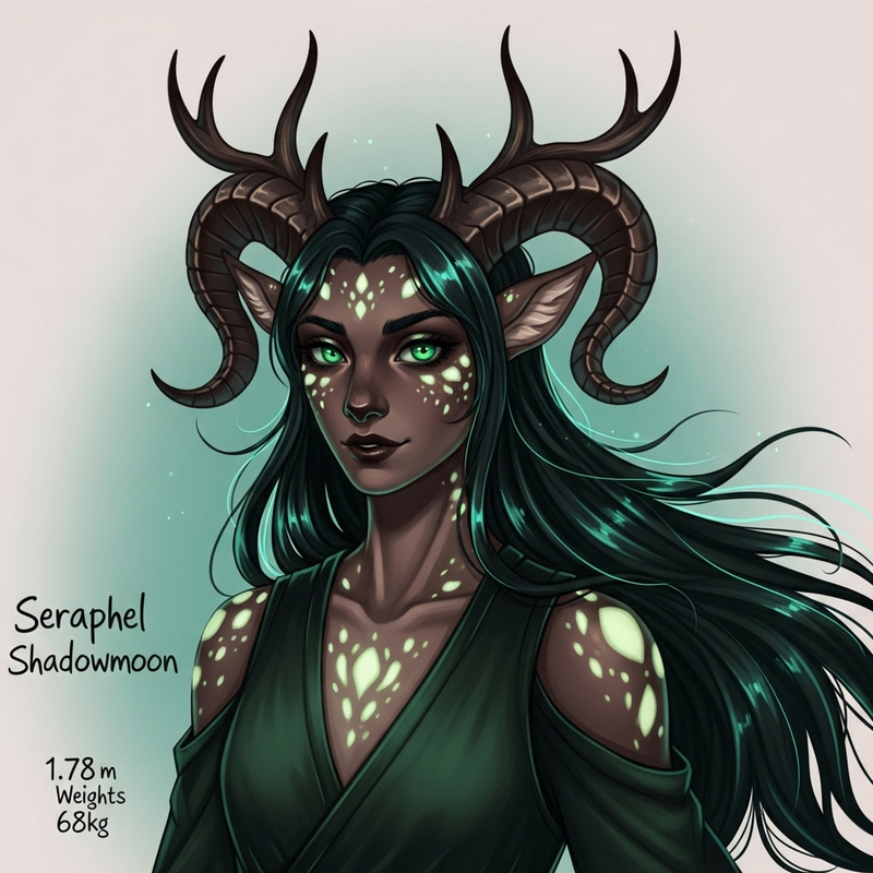 Seraphel Shadowmoon: Mysterious Tiefling-Deer Hybrid with Luminescent Features Seraphel Shadowmoon: Mysterious Tiefling-Deer Hybrid with Luminescent Features
