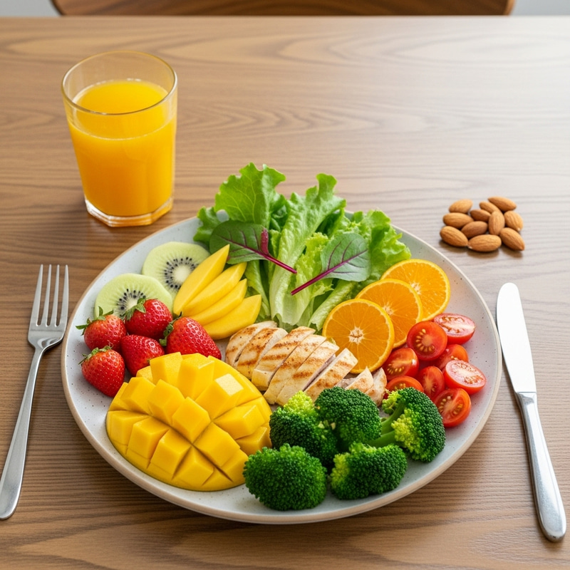 Healthy Food on Table with Fresh Fruits and Veggies
