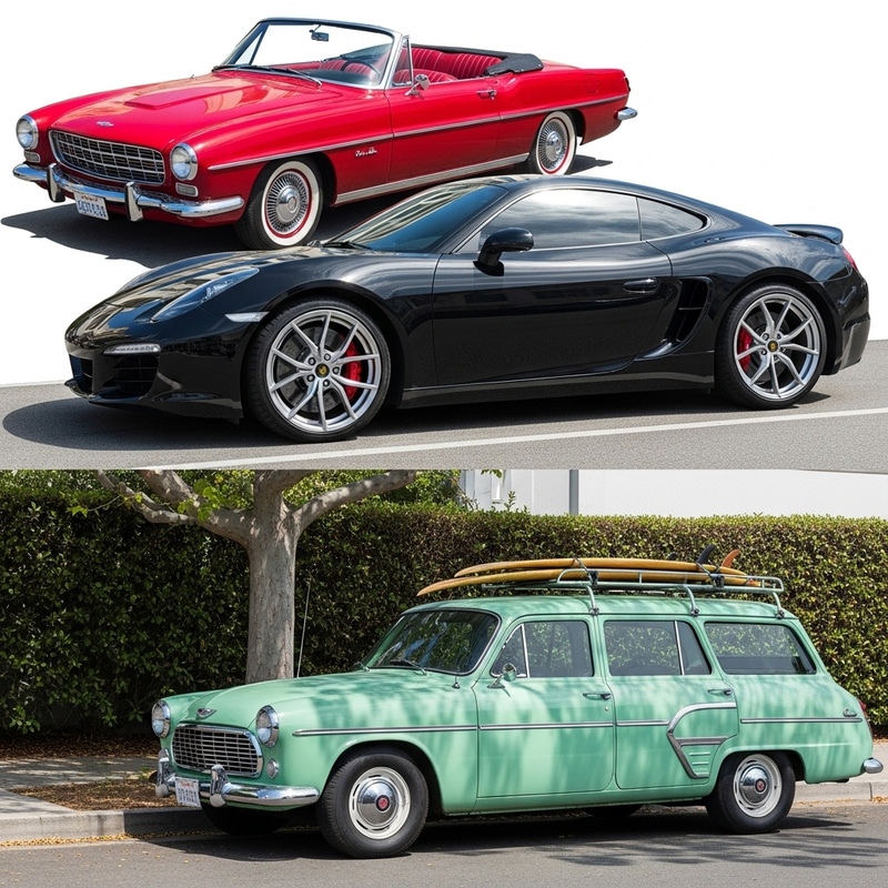 Vintage Red, Modern Black & Classic Mint Green Cars Vintage Red, Modern Black & Classic Mint Green Cars