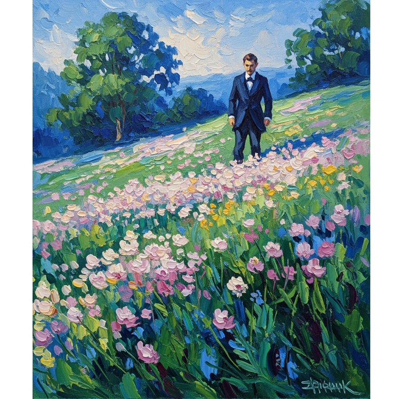 Gentleman Walking on Flower-Covered Hillside in Monet Style