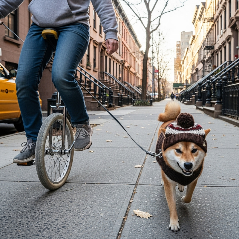 Yikes Man Riding Unicycle in Brooklyn with Discontent Shiba Inu