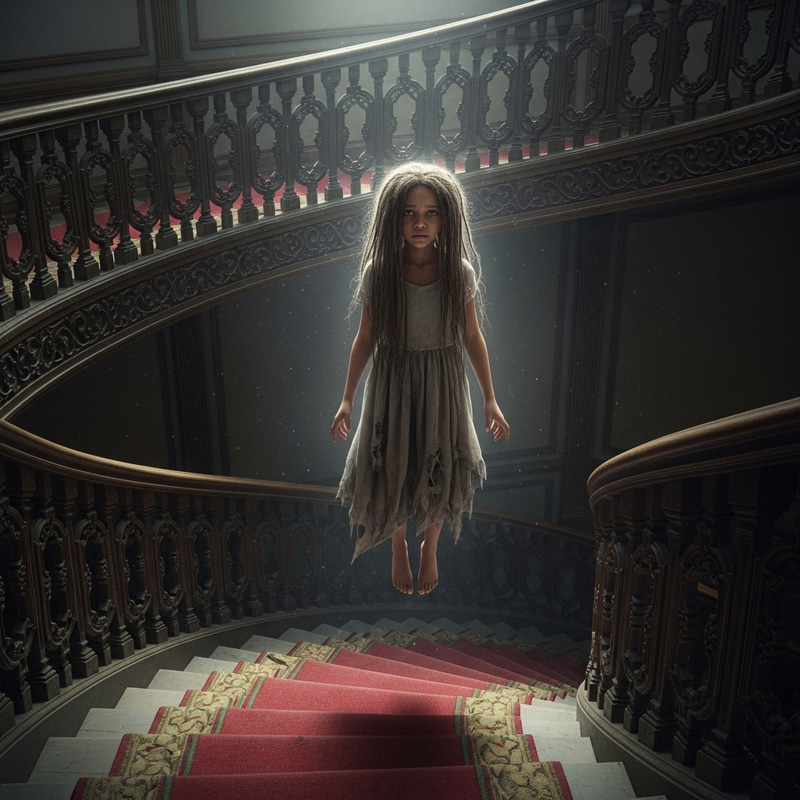 Young African American Girl in Tattered Dress Ascending Spiral Staircase Young African American Girl in Tattered Dress Ascending Spiral Staircase