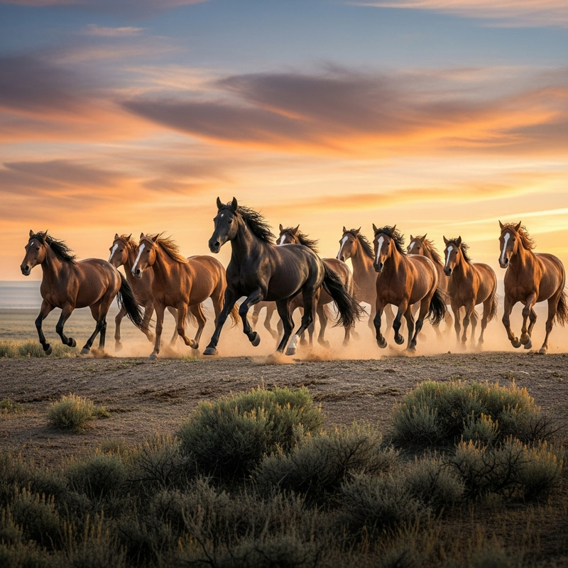 Wild Horses Running on a Mesa: Majestic Scene at Sunset Wild Horses Running on a Mesa: Majestic Scene at Sunset
