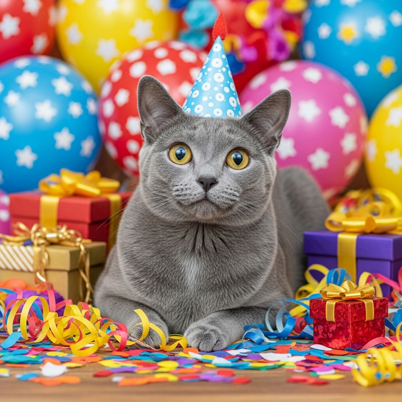 Hopeful Blue Russian Cat Amidst Celebration Items Hopeful Blue Russian Cat Amidst Celebration Items