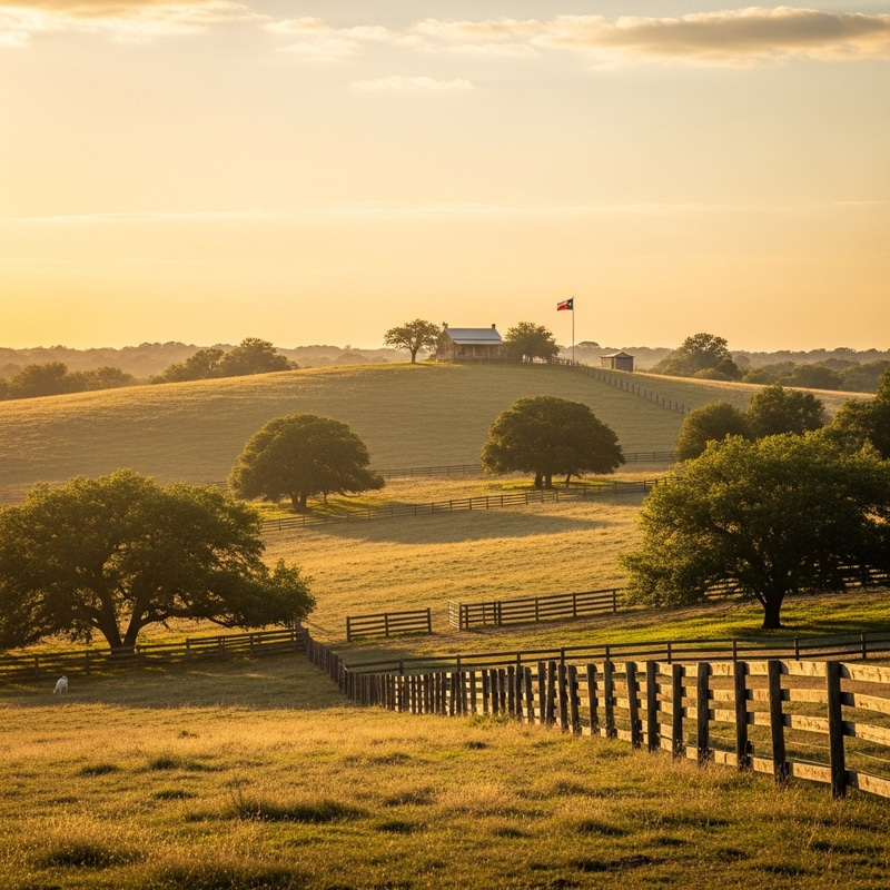 Golden Sun Over Rolling Hills Farm with Texas Flag and Grazing Goat | Countryside View Golden Sun Over Rolling Hills Farm with Texas Flag and Grazing Goat | Countryside View