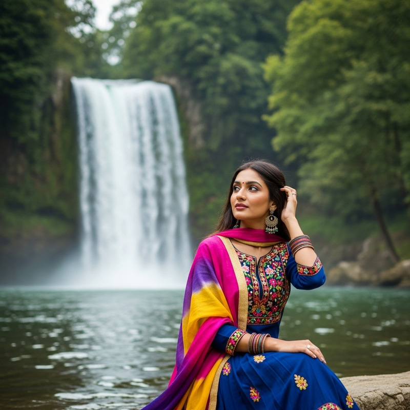 Tranquil South Asian Girl by Serene Waterfall | Elegant Scene Tranquil South Asian Girl by Serene Waterfall | Elegant Scene