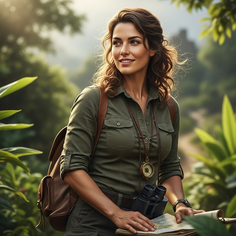 Adventurous Explorer: Caucasian Woman with Wavy Brown Hair