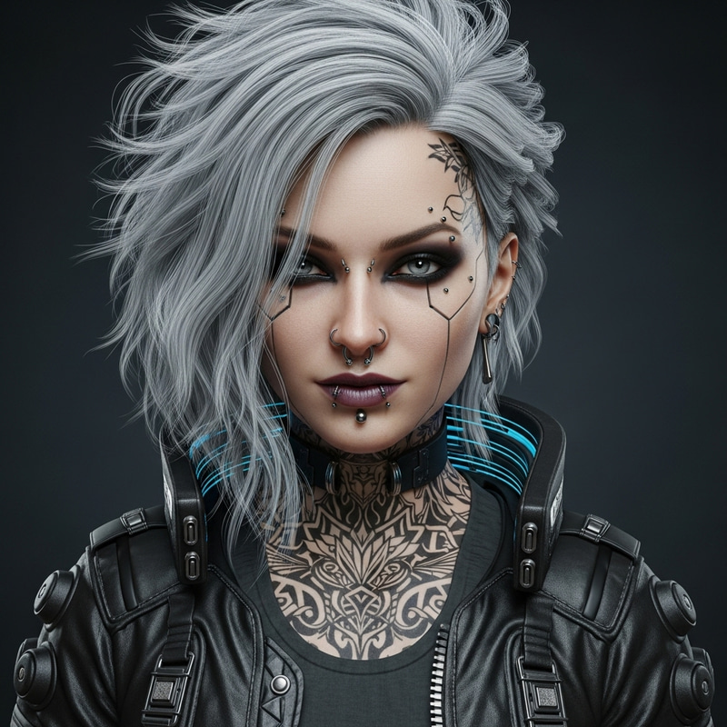 Goth Fantasy Woman with Silver-White Punk Hair in Cyberpunk Genre Goth Fantasy Woman with Silver-White Punk Hair in Cyberpunk Genre
