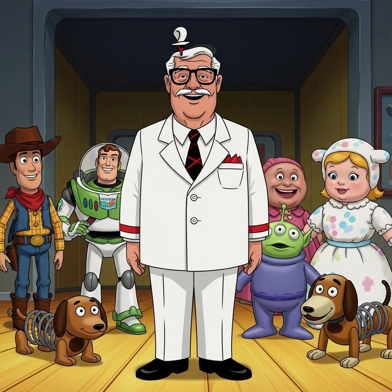Colonel Sanders Inspired Toy Story Style Image with Animated Toy Characters Colonel Sanders Inspired Toy Story Style Image with Animated Toy Characters