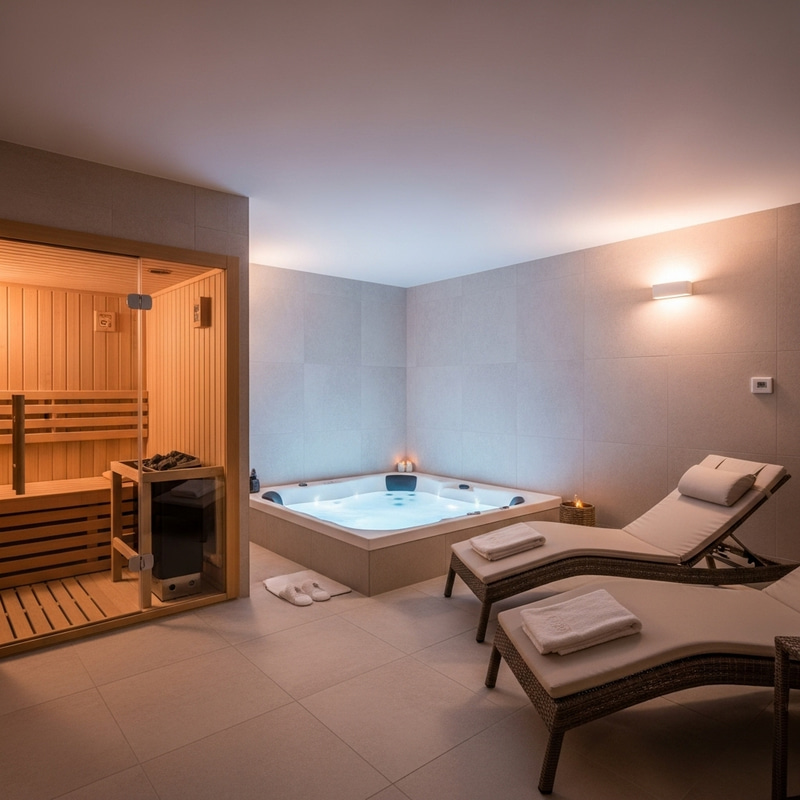 Tranquil SPA Oasis with Mini Hot Tub, Sauna & Chaise Longues Tranquil SPA Oasis with Mini Hot Tub, Sauna & Chaise Longues