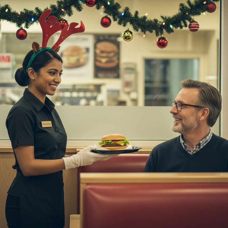 Heartwarming Holiday Scene: Festive Fast Food & Cheery Service