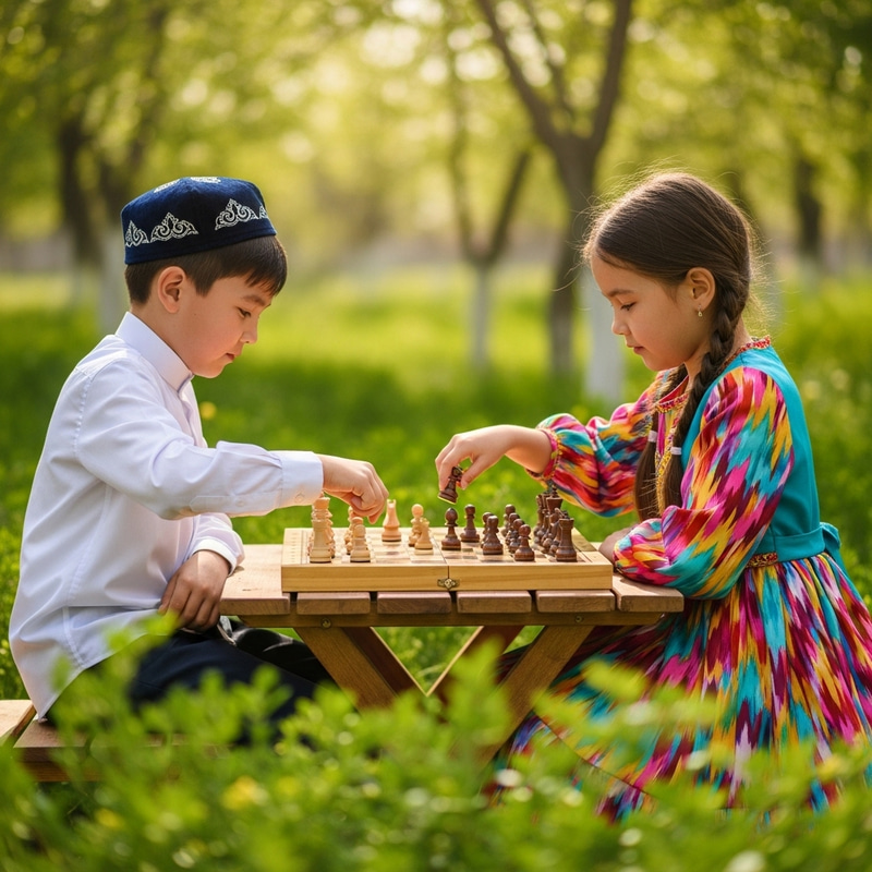 Kazakh Boy and Girl Playing Chess Outdoors