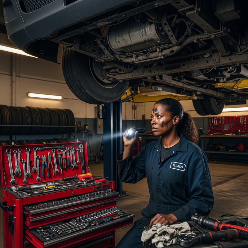 Semi-Truck Maintenance: Mechanic Working on Tractor Trailer