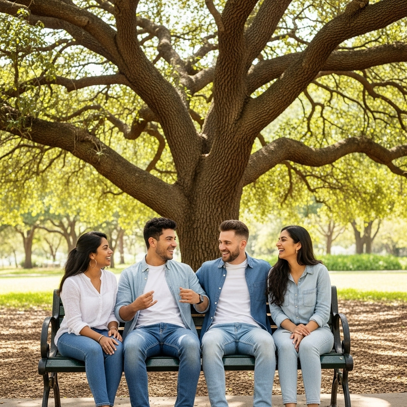 Friends Gathering under Oak Tree in Lush Park Friends Gathering under Oak Tree in Lush Park
