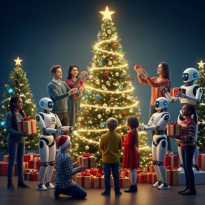 Futuristic Christmas Celebration: Humans and Robots in 2050