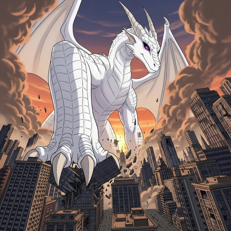 Gigantic White Dragoness Decimating Cityscape | Epic 2D Fantasy Illustration Gigantic White Dragoness Decimating Cityscape | Epic 2D Fantasy Illustration