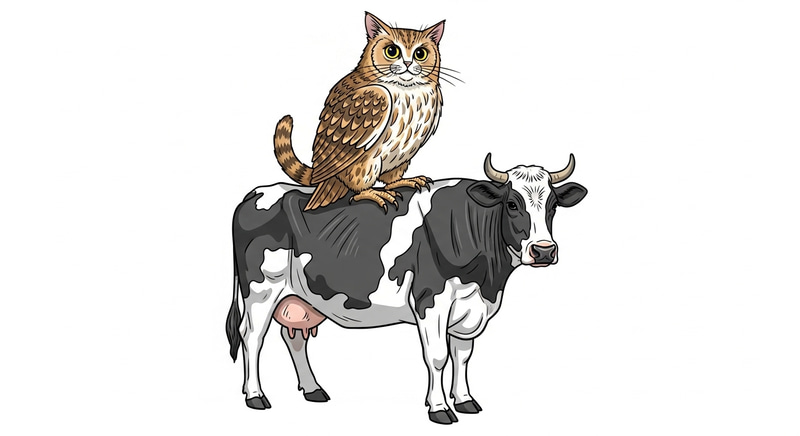 Unique Fusion Creature Art: Cat Owl on Cow