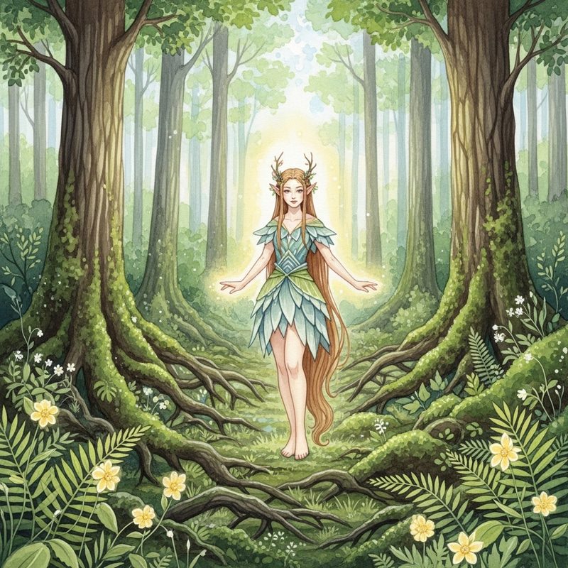 Watercolor Woodland Nymph in Enchanting Setting Watercolor Woodland Nymph in Enchanting Setting