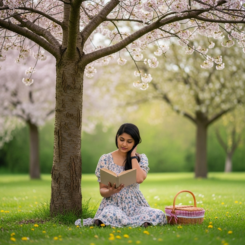 Shy Girl Embracing Summer Magic Under Blossoming Tree