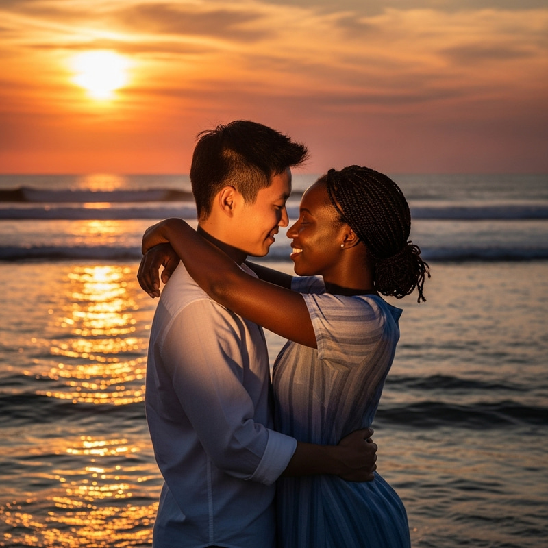 Warm Sunset Embrace: Asian Man & Black Woman on Tranquil Beach Warm Sunset Embrace: Asian Man & Black Woman on Tranquil Beach