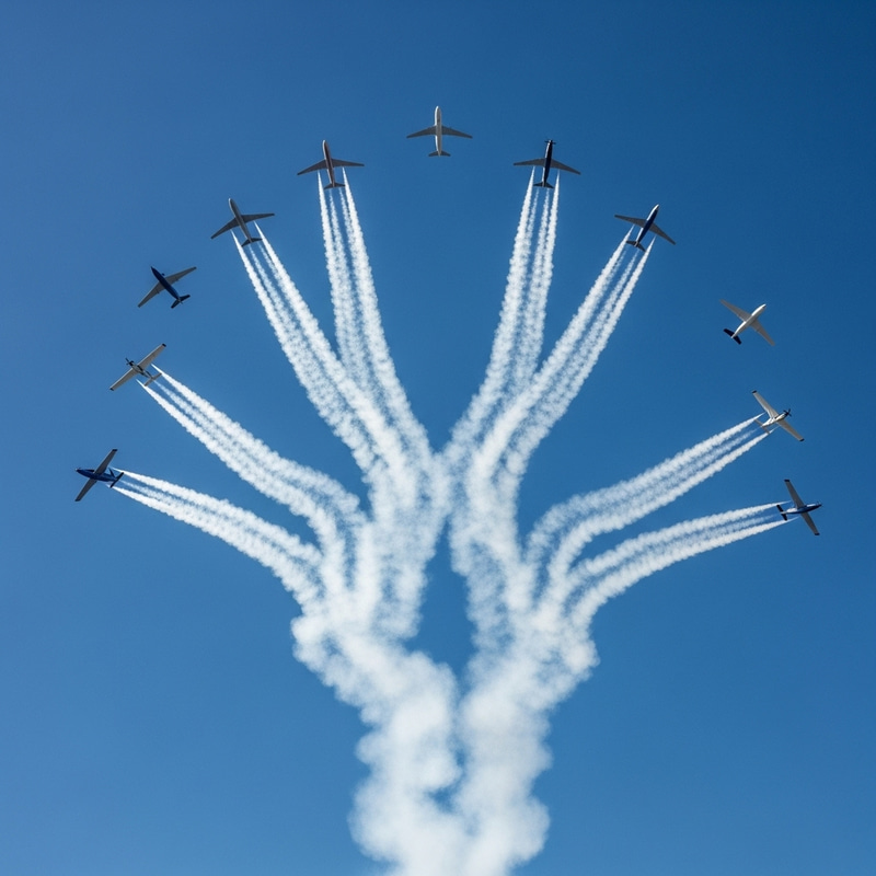8 Airplanes Dispersing Smoke Trails: Aerial Spectacle in the Sky