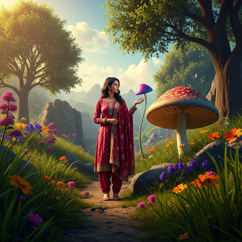 Stylish South Asian Woman Captivated by Psychedelic Mushroom in Enchanting Landscape Stylish South Asian Woman Captivated by Psychedelic Mushroom in Enchanting Landscape