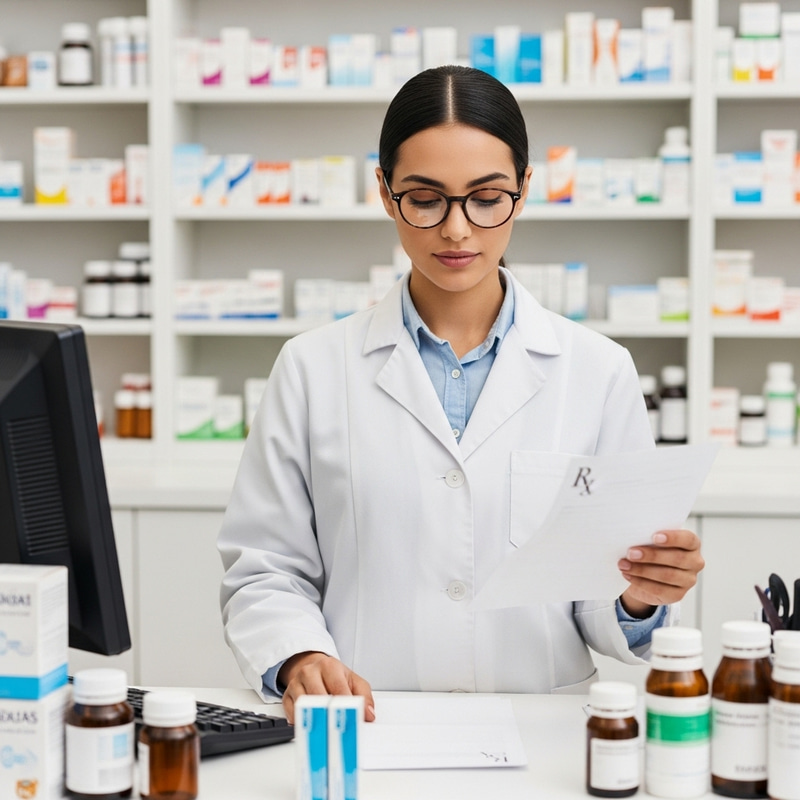Professional Pharmacy Girl Assisting Customers Professional Pharmacy Girl Assisting Customers