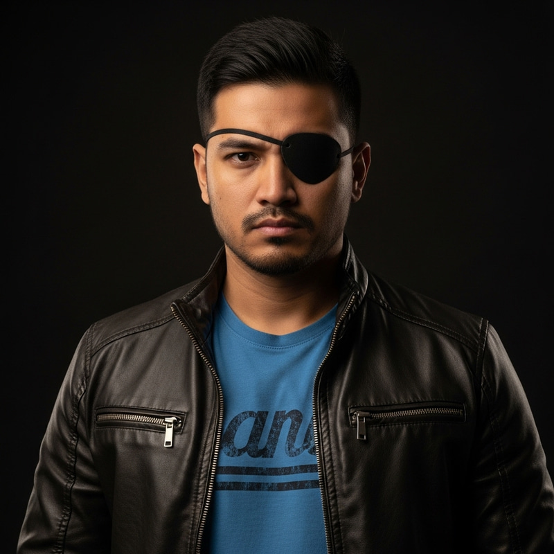 Confident Athletic South Asian Man in Leather Jacket with Eyepatch Confident Athletic South Asian Man in Leather Jacket with Eyepatch