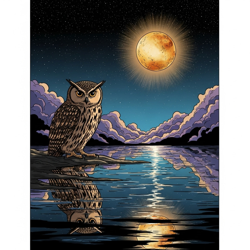 Ethereal Owl and Venus Over Tranquil Water - Naruto Style Ethereal Owl and Venus Over Tranquil Water - Naruto Style