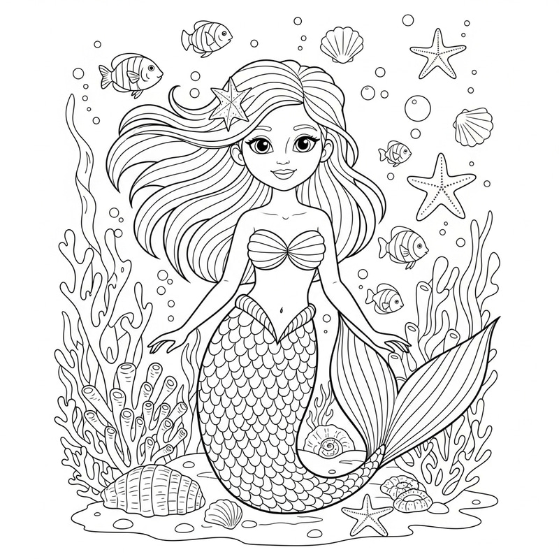 Hand-Drawn Mermaid Coloring Page for Creative Kids Hand-Drawn Mermaid Coloring Page for Creative Kids