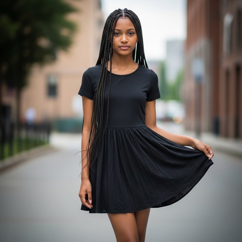 Elegant South Asian Girl in Black Dress with Braids Standing Gracefully Elegant South Asian Girl in Black Dress with Braids Standing Gracefully