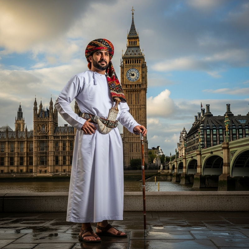 Man in Dhofar Traditional Attire near London Clock Tower