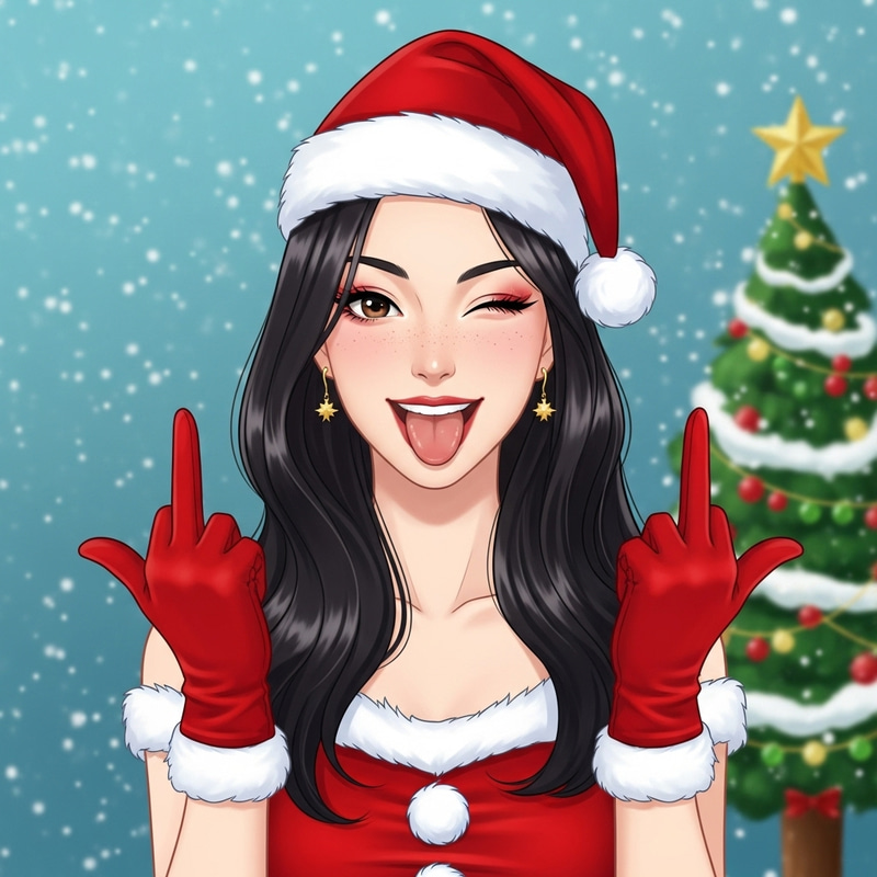 Cheerful Anime Woman in Santa Hat with Attitude and Style