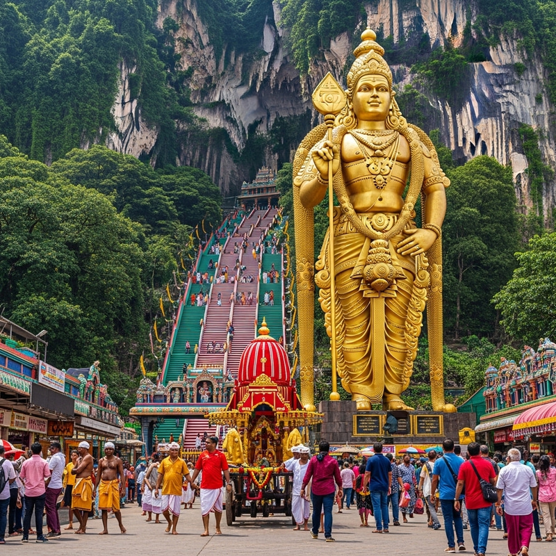 Batu Caves Thaipusam Celebration: Hindu Kavadis, Gold Chariots & Murugan Statue Batu Caves Thaipusam Celebration: Hindu Kavadis, Gold Chariots & Murugan Statue