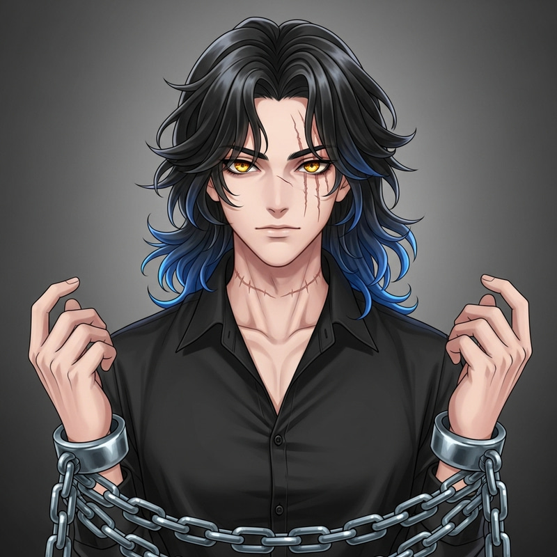 Captivating Young Male Anime Character with Black and Blue Hair