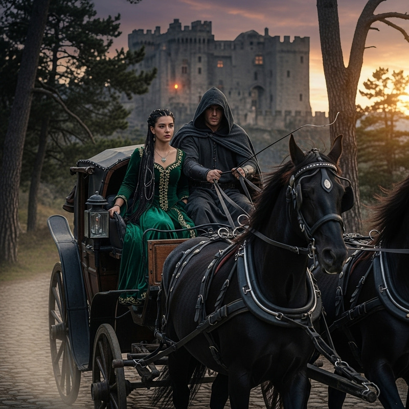 Medieval Escape: Man and Princess Fleeing Palace in a Horse-Drawn Carriage Medieval Escape: Man and Princess Fleeing Palace in a Horse-Drawn Carriage