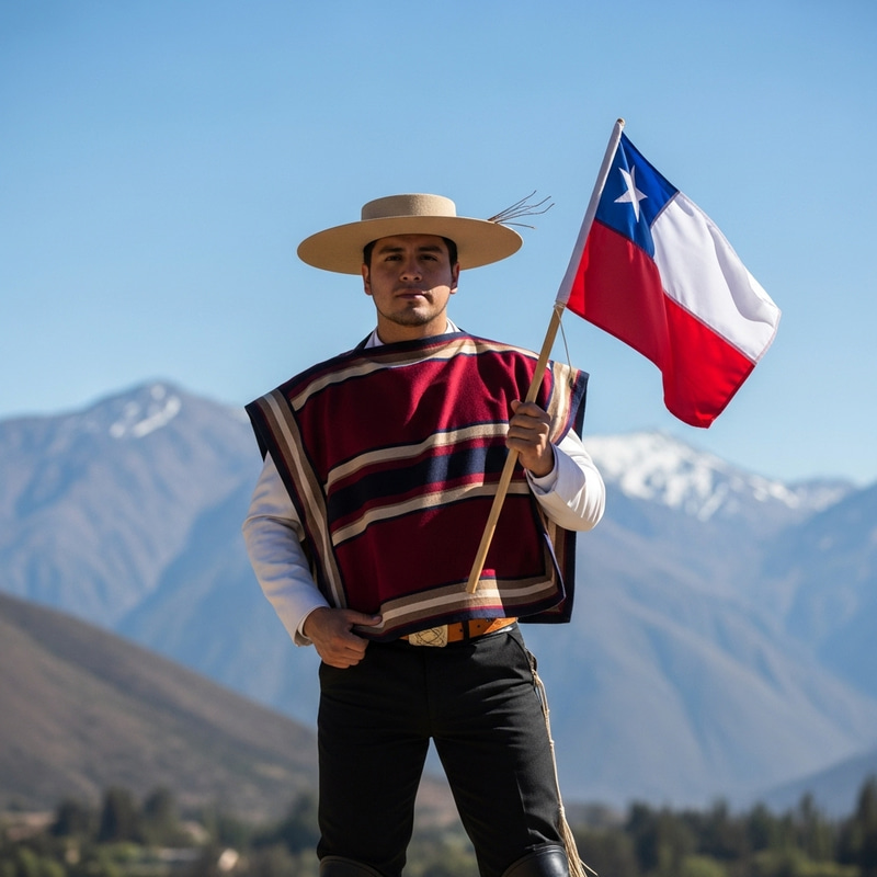 Proud Chilean Man in Traditional Clothing with Andes Mountains