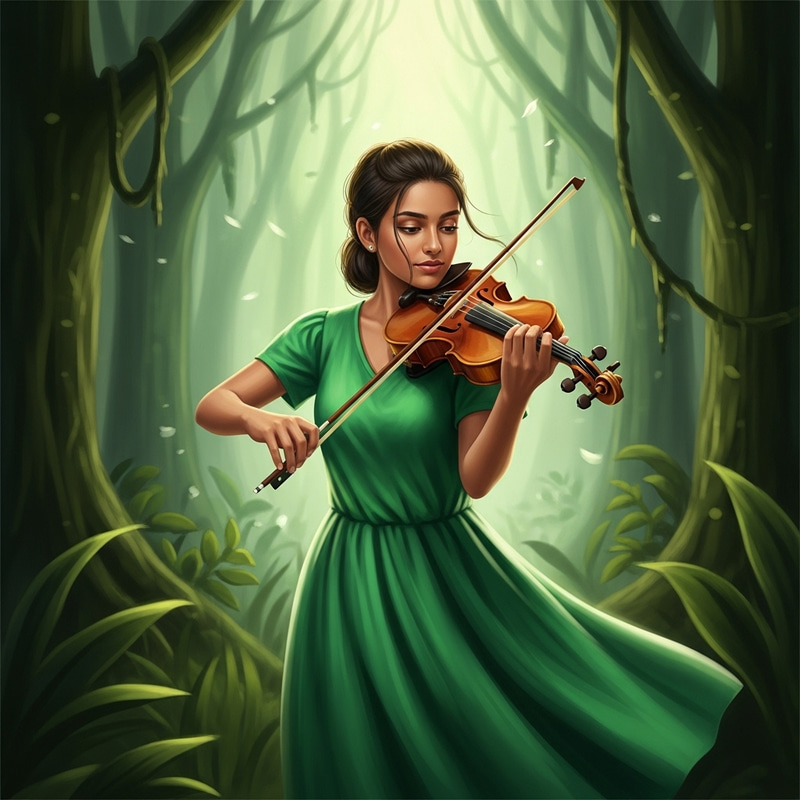 Serenading Jungle Girl in Green Dress - Magical Violinist